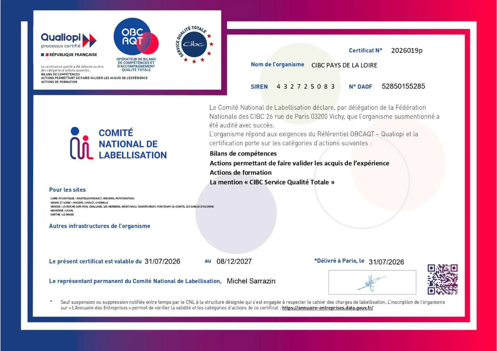 Certificat Qualité Qualiopi CIBC Pays de la Loire